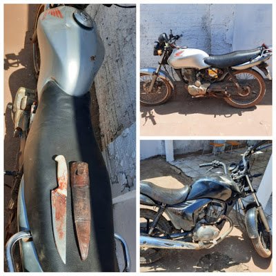 Motocicleta do idoso e uma faca utilizada no crime