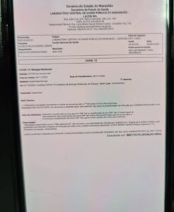 Documento que comprova que Duarte está infectado com a Covid-19