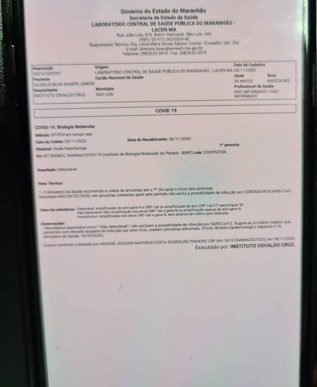 Documento que comprova que Duarte está infectado com a Covid-19