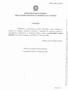Certidão que comprova que Braide é investigado