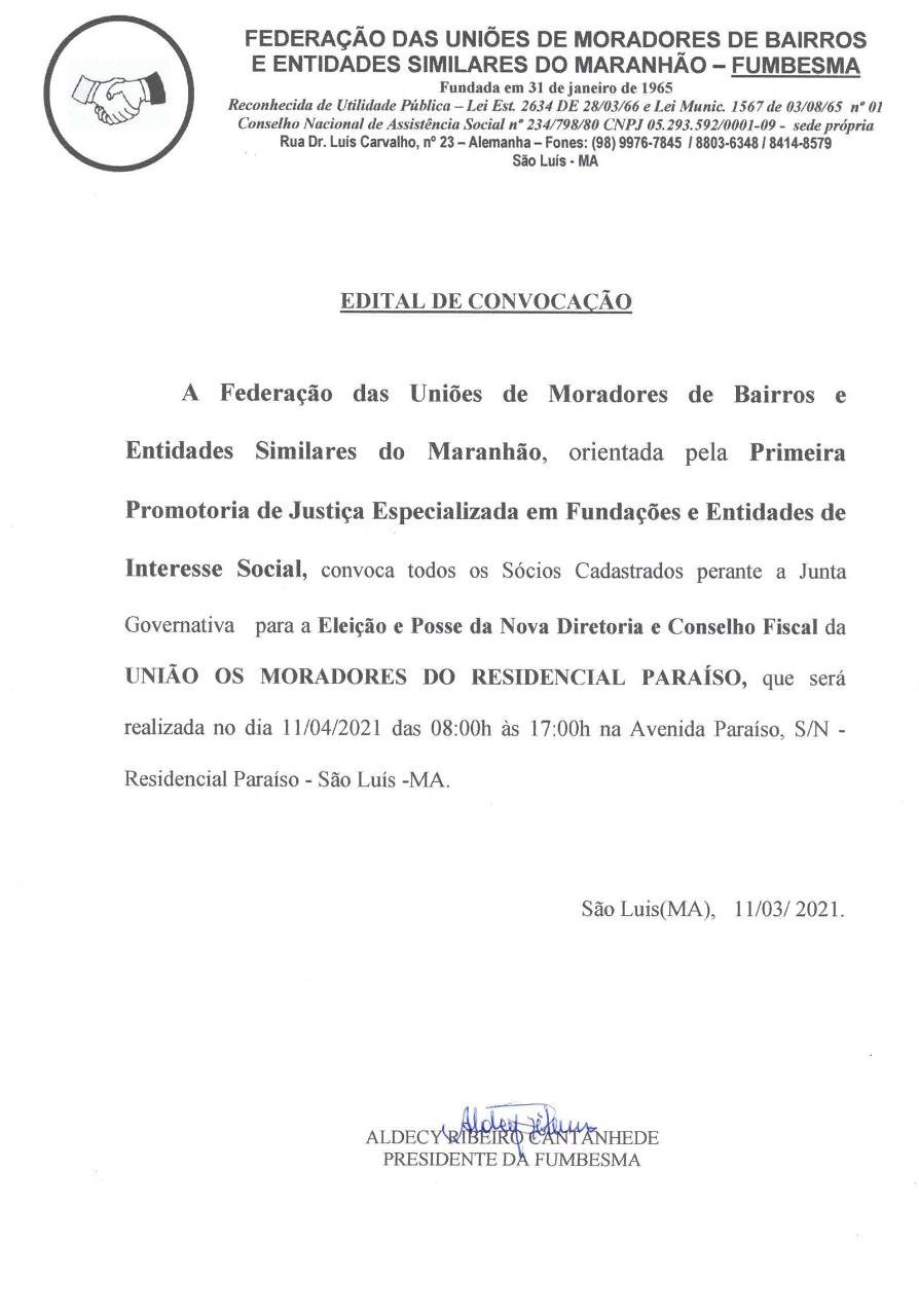 Edital de convocação para eleição da União de moradores do Residencial Paraíso