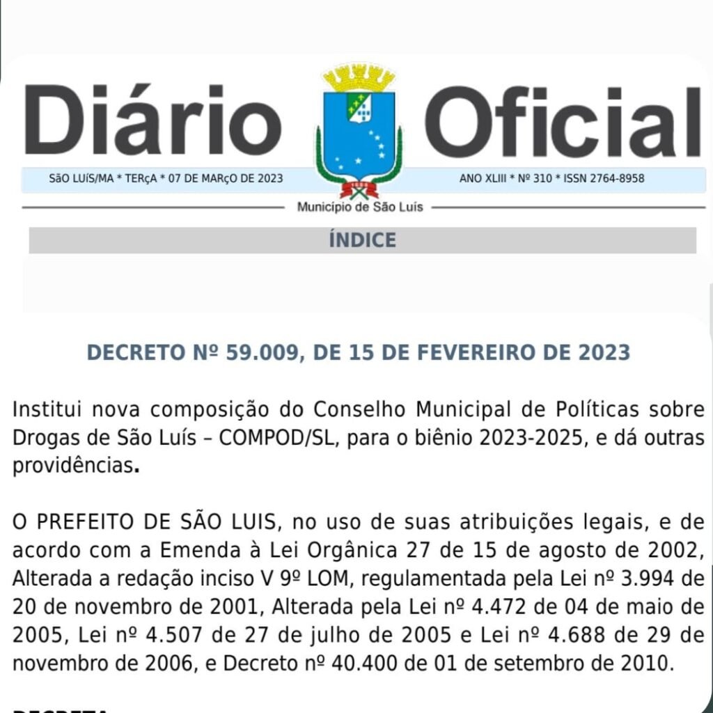 Nova composição do Conselho Municipal de Políticas sobre Drogas de São Luís